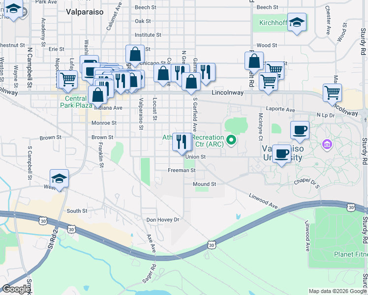 map of restaurants, bars, coffee shops, grocery stores, and more near 353 South Greenwich Street in Valparaiso