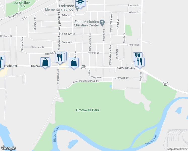 map of restaurants, bars, coffee shops, grocery stores, and more near 2835 Cromwell Drive in Lorain