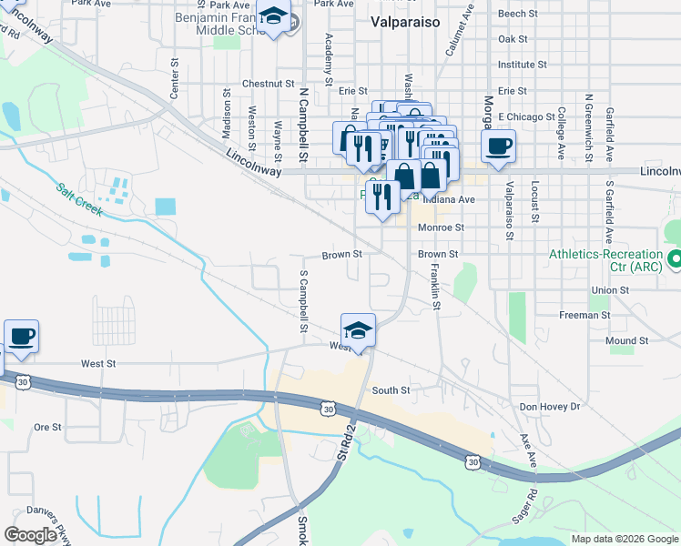 map of restaurants, bars, coffee shops, grocery stores, and more near 299-351 Brown Street in Valparaiso