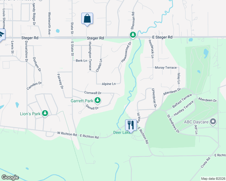 map of restaurants, bars, coffee shops, grocery stores, and more near 116 Alpine Lane in Crete