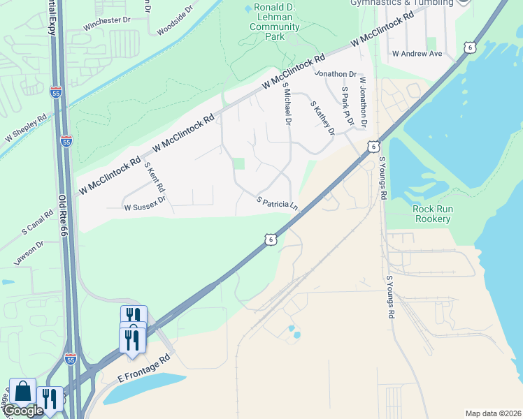 map of restaurants, bars, coffee shops, grocery stores, and more near 23022 South Patricia Lane in Channahon