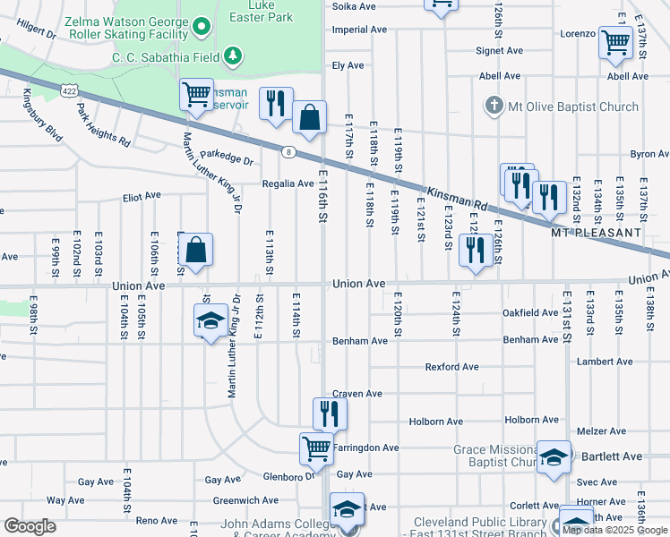 map of restaurants, bars, coffee shops, grocery stores, and more near 11617 Union Avenue in Cleveland