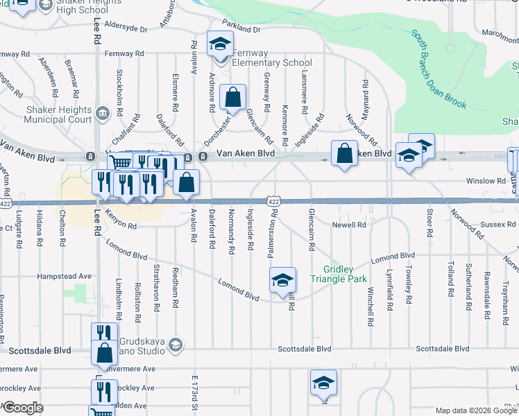map of restaurants, bars, coffee shops, grocery stores, and more near 17707 Chagrin Boulevard in Shaker Heights