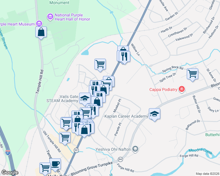 map of restaurants, bars, coffee shops, grocery stores, and more near 1002 Washington Green in New Windsor
