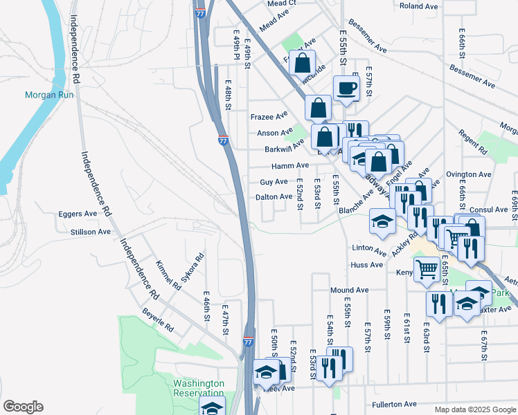 map of restaurants, bars, coffee shops, grocery stores, and more near 3439 East 49th Street in Cleveland