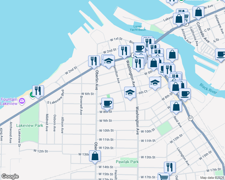 map of restaurants, bars, coffee shops, grocery stores, and more near 1112 West 6th Street in Lorain