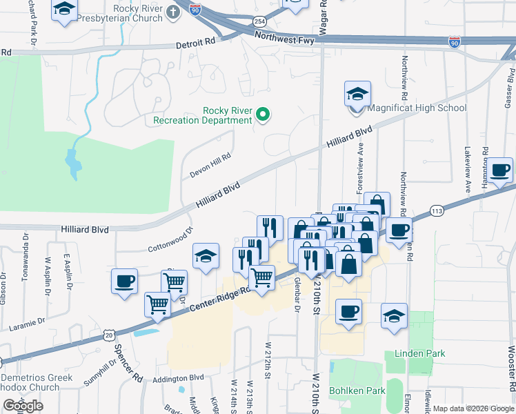 map of restaurants, bars, coffee shops, grocery stores, and more near 21390 Snowflower Drive in Rocky River