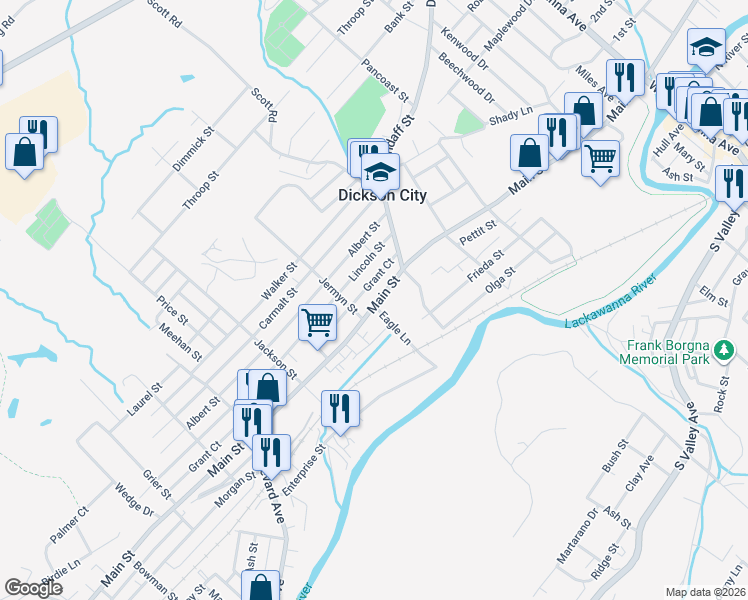 map of restaurants, bars, coffee shops, grocery stores, and more near 1019 North Main Street in Dickson City