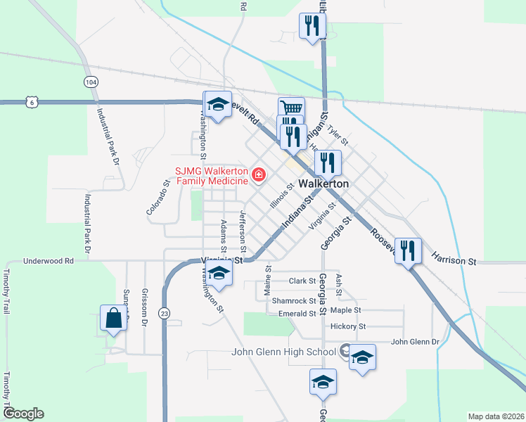 map of restaurants, bars, coffee shops, grocery stores, and more near 603 Monroe Street in Walkerton