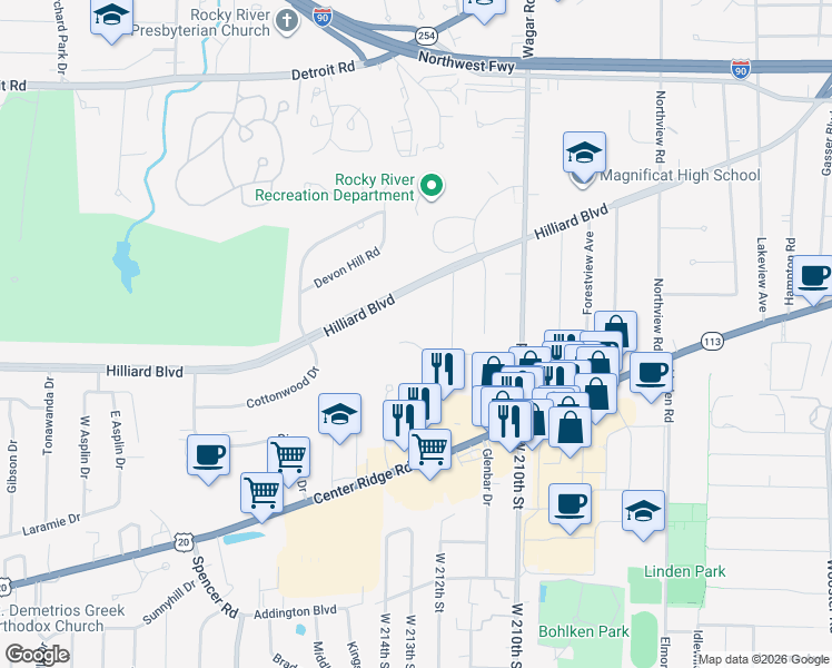 map of restaurants, bars, coffee shops, grocery stores, and more near 21390 Snowflower Drive in Rocky River