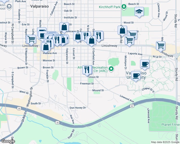 map of restaurants, bars, coffee shops, grocery stores, and more near 353 South Greenwich Street in Valparaiso