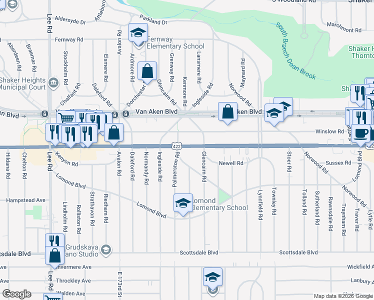 map of restaurants, bars, coffee shops, grocery stores, and more near 17916 Chagrin Boulevard in Shaker Heights