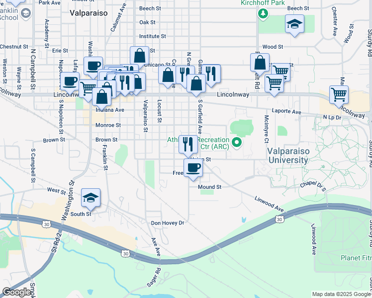 map of restaurants, bars, coffee shops, grocery stores, and more near 356 South Greenwich Street in Valparaiso