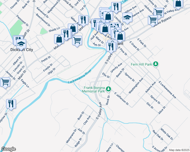 map of restaurants, bars, coffee shops, grocery stores, and more near 312 South Valley Avenue in Olyphant