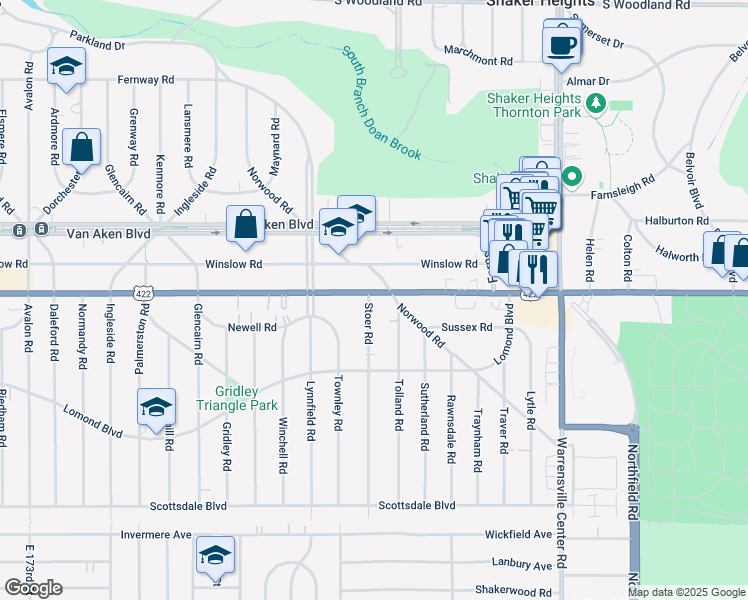 map of restaurants, bars, coffee shops, grocery stores, and more near 3510 Stoer Road in Shaker Heights