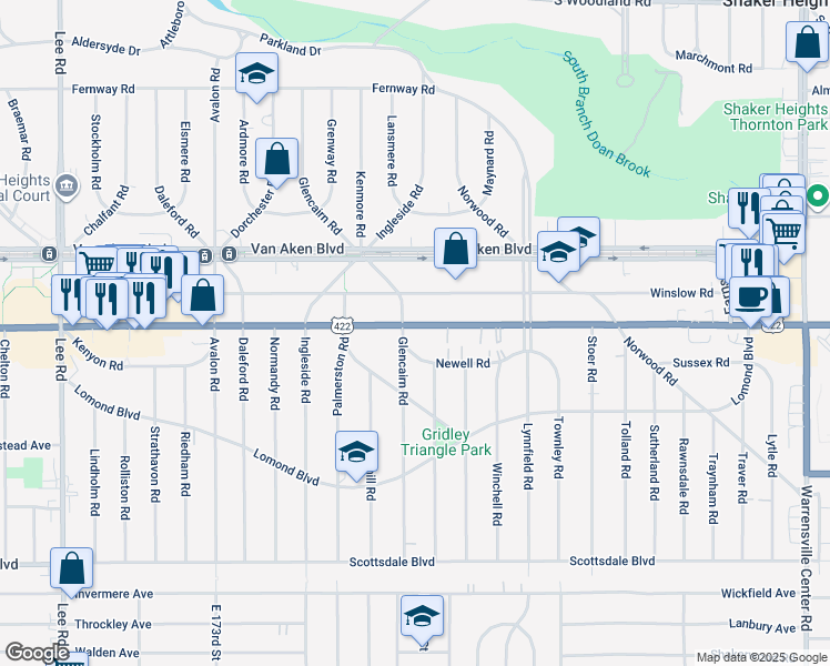 map of restaurants, bars, coffee shops, grocery stores, and more near in Shaker Heights