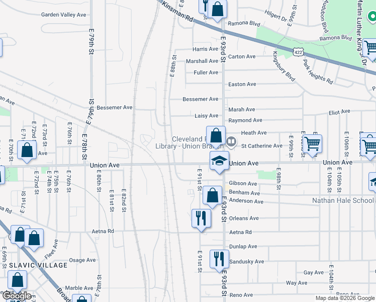 map of restaurants, bars, coffee shops, grocery stores, and more near 9000 Saint Catherine Avenue in Cleveland