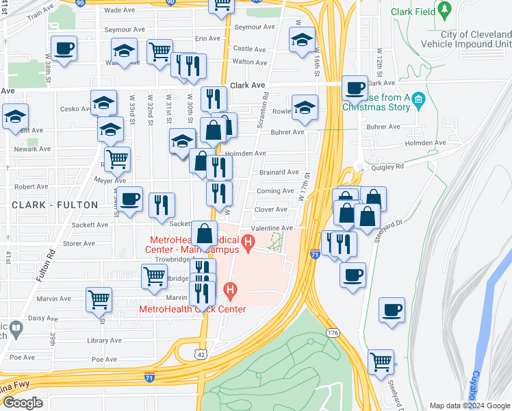 map of restaurants, bars, coffee shops, grocery stores, and more near 2105 Corning Avenue in Cleveland