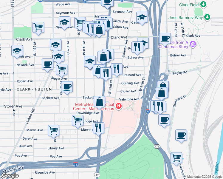 map of restaurants, bars, coffee shops, grocery stores, and more near 3297 West 23rd Place in Cleveland