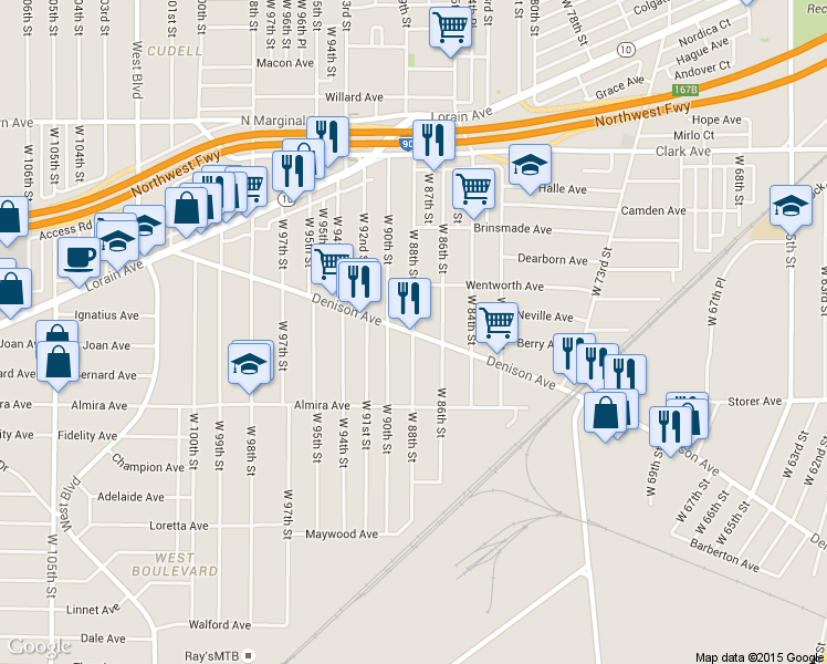 map of restaurants, bars, coffee shops, grocery stores, and more near 8900 Denison Avenue in Cleveland