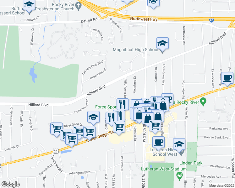 map of restaurants, bars, coffee shops, grocery stores, and more near 21390 Snowflower Drive in Rocky River