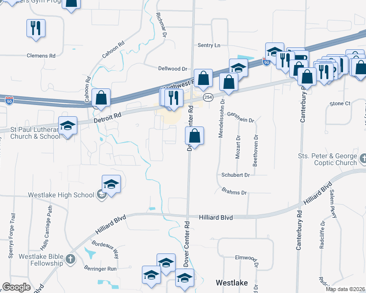 map of restaurants, bars, coffee shops, grocery stores, and more near 1606 Dover Center Road in Westlake