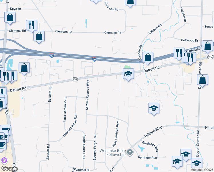 map of restaurants, bars, coffee shops, grocery stores, and more near 1661 Sperrys Forge Trail in Westlake
