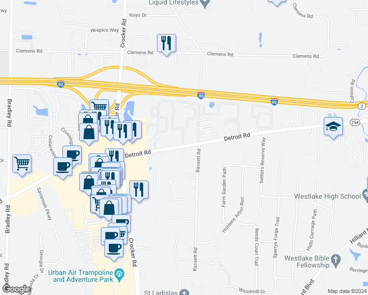 map of restaurants, bars, coffee shops, grocery stores, and more near 29338 Detroit Road in Westlake