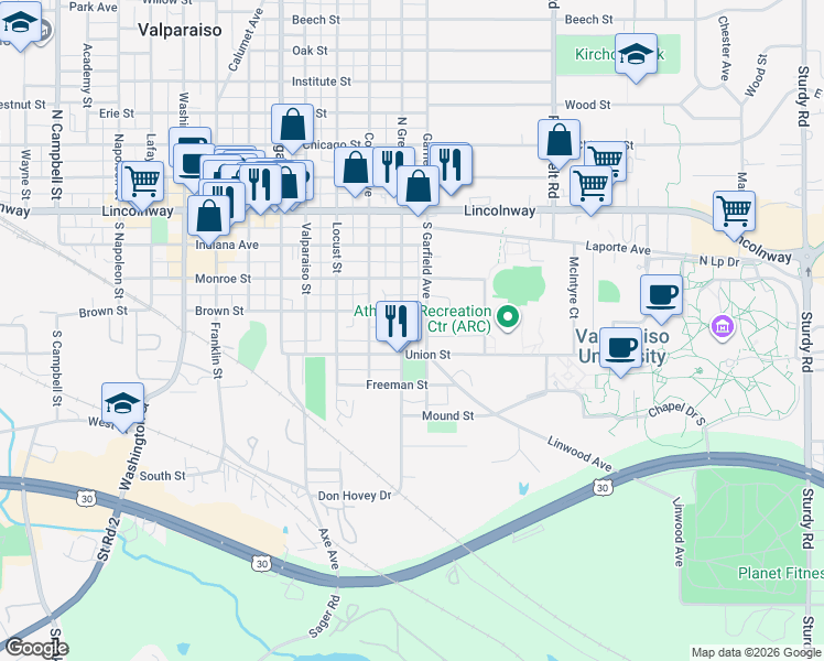 map of restaurants, bars, coffee shops, grocery stores, and more near 353 South Greenwich Street in Valparaiso
