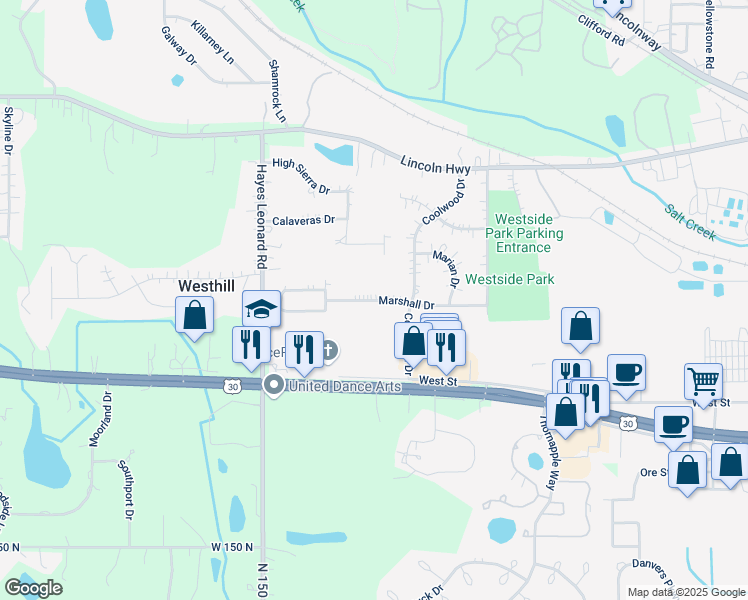 map of restaurants, bars, coffee shops, grocery stores, and more near 2301-2599 Marshall Drive in Valparaiso