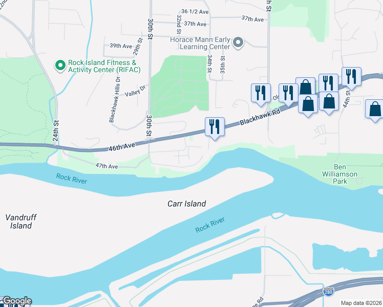 map of restaurants, bars, coffee shops, grocery stores, and more near 3351 Serenity Place in Rock Island