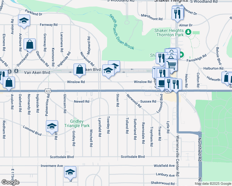 map of restaurants, bars, coffee shops, grocery stores, and more near 3510 Stoer Road in Shaker Heights