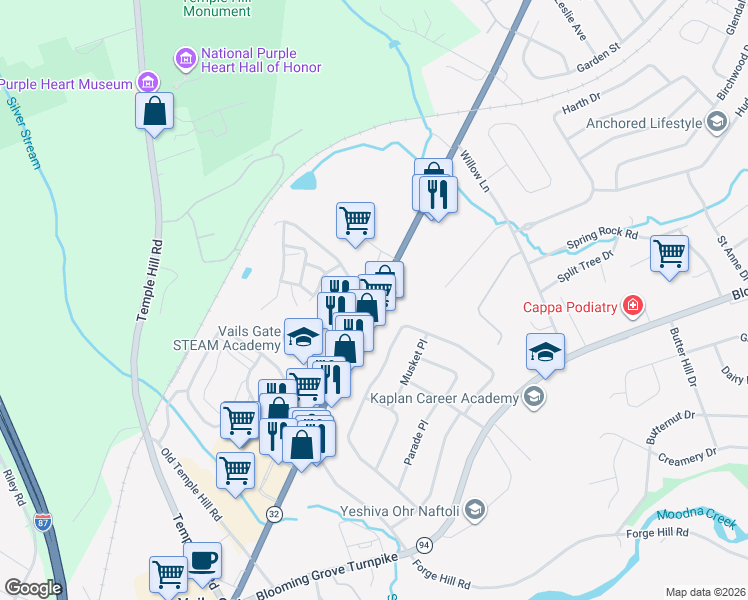 map of restaurants, bars, coffee shops, grocery stores, and more near 1023 Washington Green in New Windsor