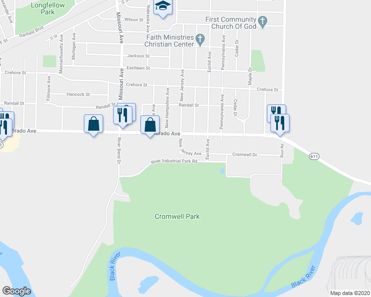 map of restaurants, bars, coffee shops, grocery stores, and more near 1745 New Jersey Avenue in Lorain