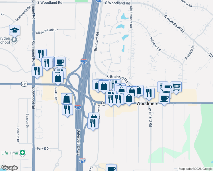 map of restaurants, bars, coffee shops, grocery stores, and more near 6330 Park Pointe Court in Cleveland