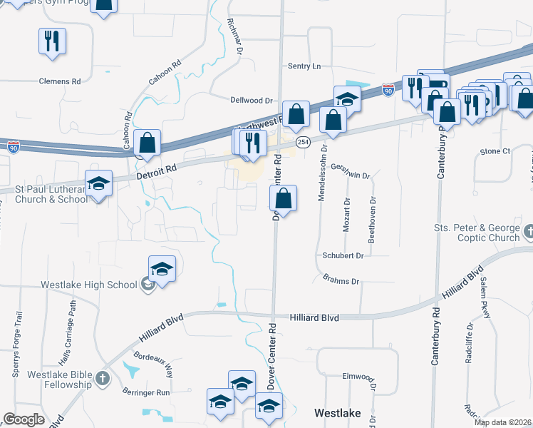 map of restaurants, bars, coffee shops, grocery stores, and more near 1606 Dover Center Road in Westlake