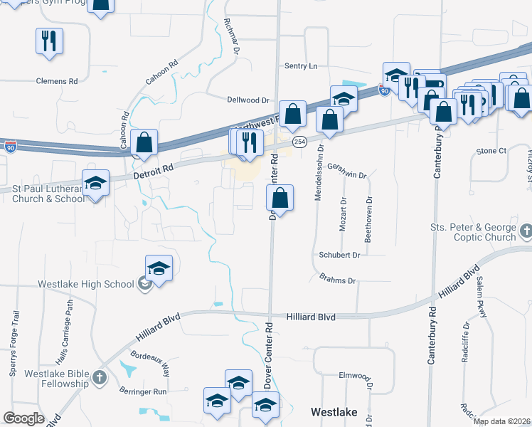 map of restaurants, bars, coffee shops, grocery stores, and more near 1606 Dover Center Road in Westlake