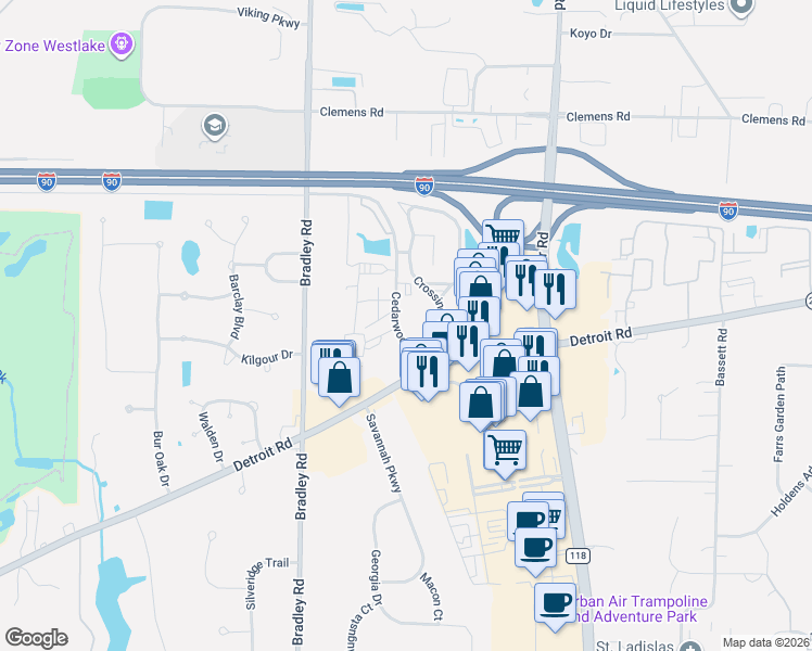 map of restaurants, bars, coffee shops, grocery stores, and more near 1633 Cedarwood Drive in Westlake