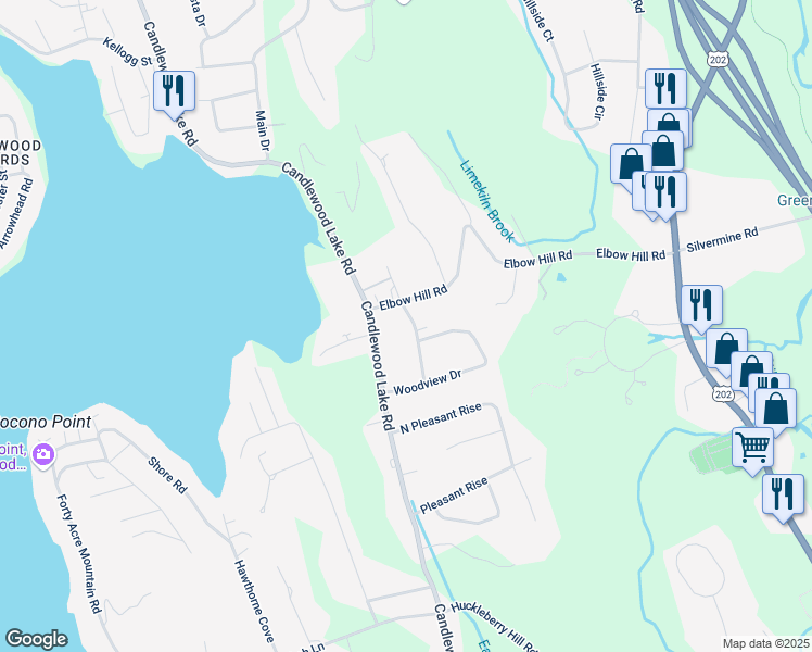 map of restaurants, bars, coffee shops, grocery stores, and more near 14 Horseshoe Drive in Brookfield