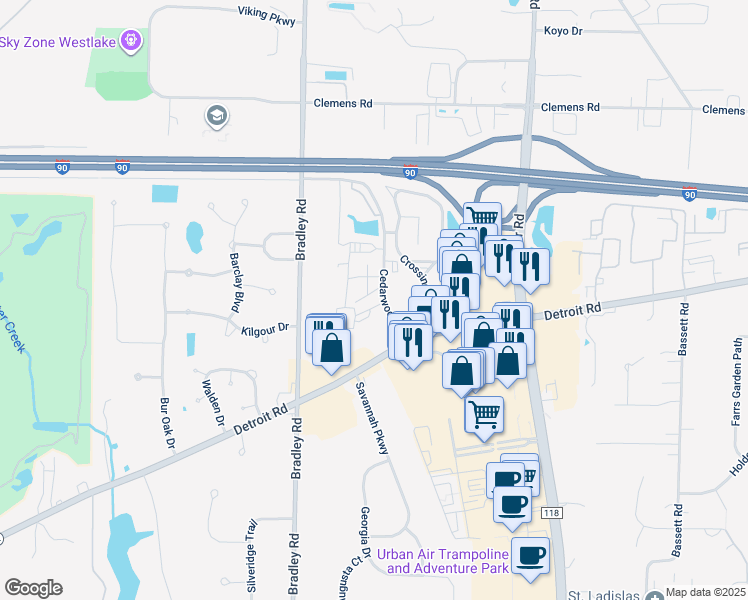 map of restaurants, bars, coffee shops, grocery stores, and more near 1600 Cedarwood Drive in Westlake