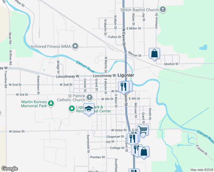 map of restaurants, bars, coffee shops, grocery stores, and more near 202 South Martin Street in Ligonier