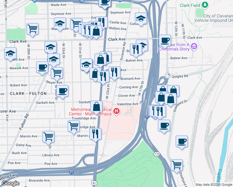map of restaurants, bars, coffee shops, grocery stores, and more near 2105 Corning Avenue in Cleveland