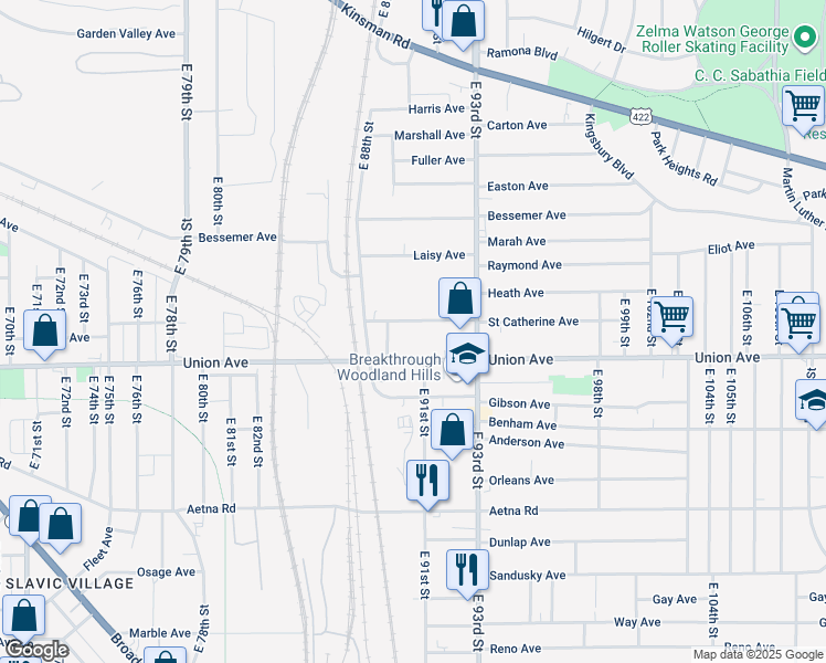 map of restaurants, bars, coffee shops, grocery stores, and more near 9000 Saint Catherine Avenue in Cleveland