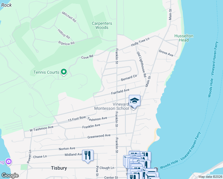 map of restaurants, bars, coffee shops, grocery stores, and more near 112 Dolan Avenue in Tisbury