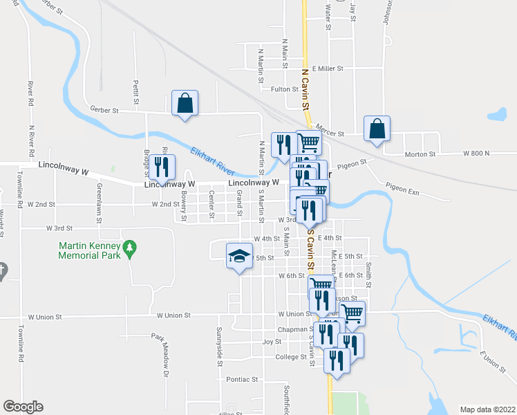map of restaurants, bars, coffee shops, grocery stores, and more near 202 South Martin Street in Ligonier
