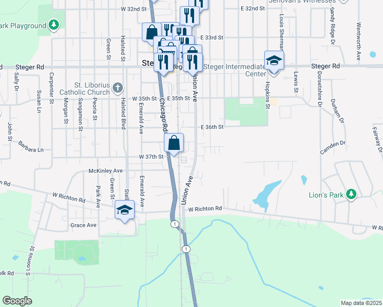 map of restaurants, bars, coffee shops, grocery stores, and more near 3640 Union Avenue in Steger