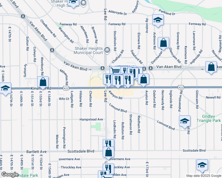 map of restaurants, bars, coffee shops, grocery stores, and more near 16620 U.S. 422 in Shaker Heights