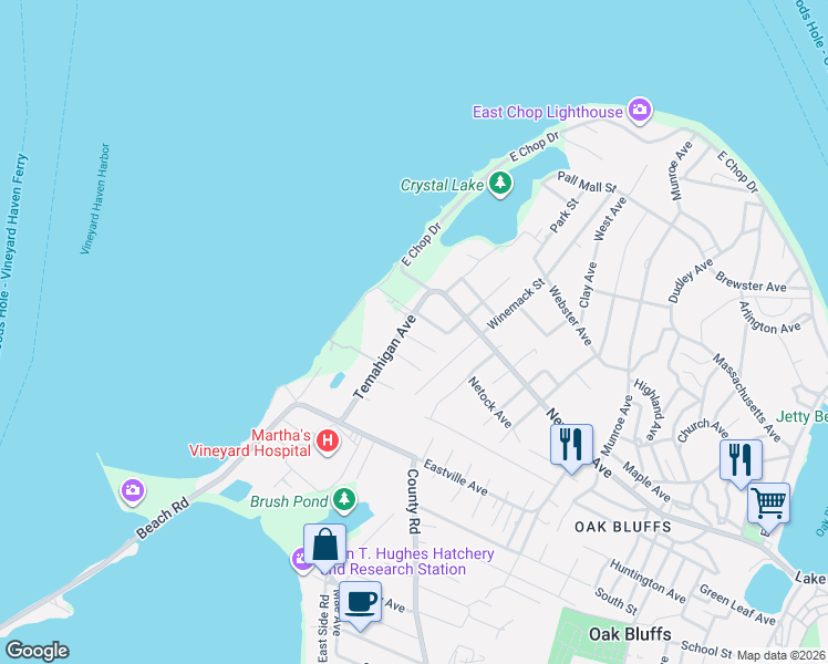 map of restaurants, bars, coffee shops, grocery stores, and more near 15 Dover Street in Oak Bluffs
