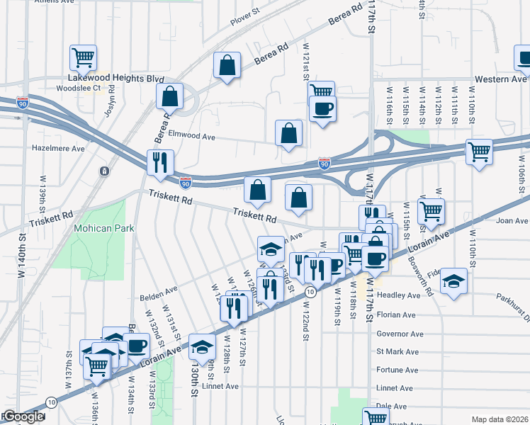map of restaurants, bars, coffee shops, grocery stores, and more near 12250 Triskett Road in Cleveland
