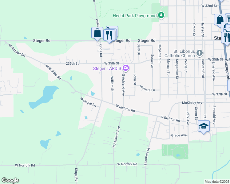 map of restaurants, bars, coffee shops, grocery stores, and more near 3533 William Street in Steger
